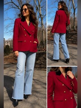 Mondi - Double-Breasted Red Blazer with Black Velvet Collar